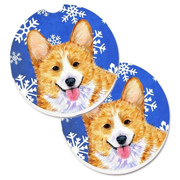 Carolines Treasures Corgi Winter Snowflakes Holiday Set of 2 Cup Holder Car Coaster SS4624CARC - main